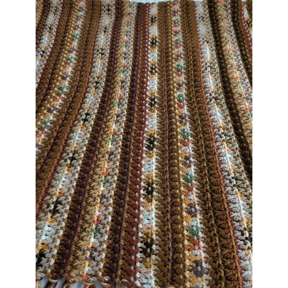 Crochet Afghan Throw Stripe Fall Colors‎  Orange/Green/Brown 66 X 34 Handmade